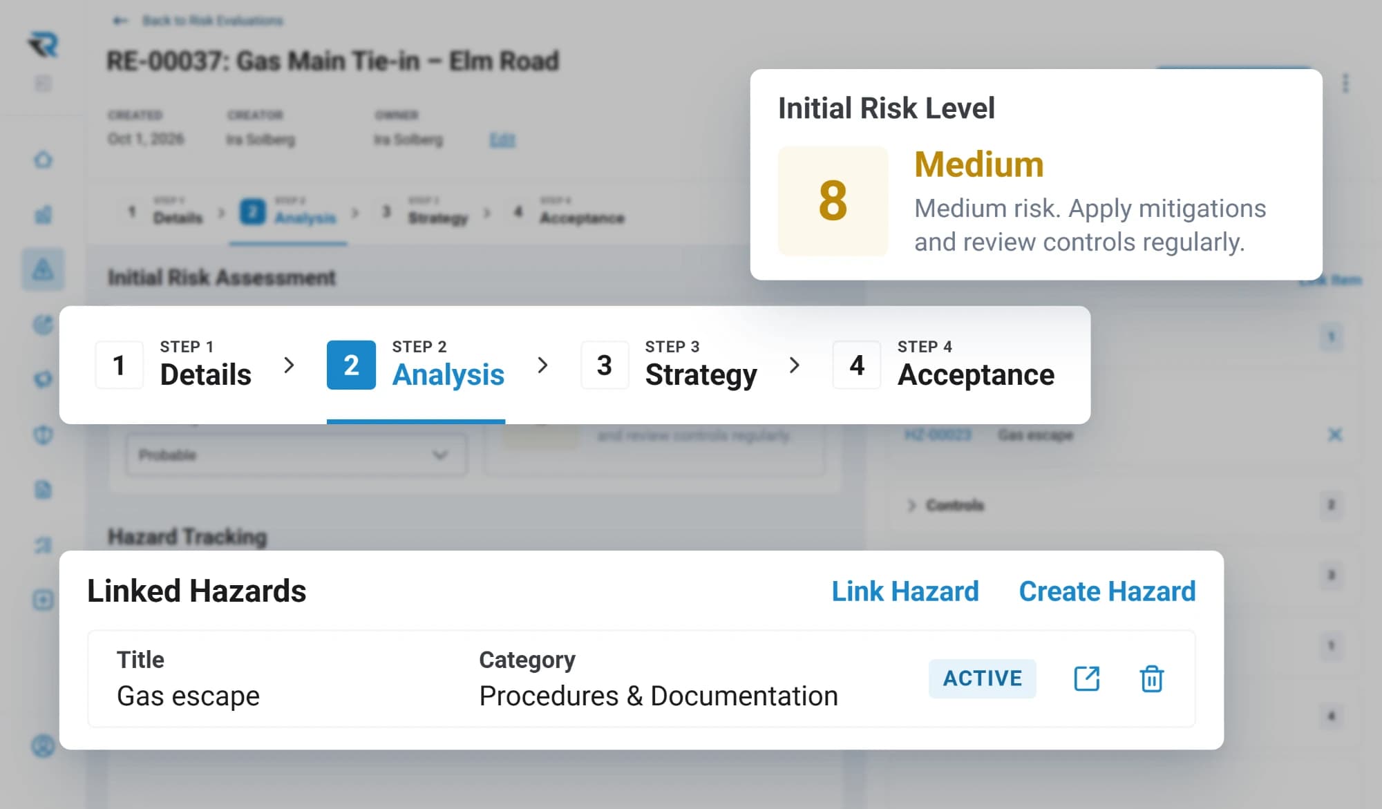 A risk evaluation for a gas main tie-in at its analysis step: an initial risk level of Medium 8, with a linked gas hazard
