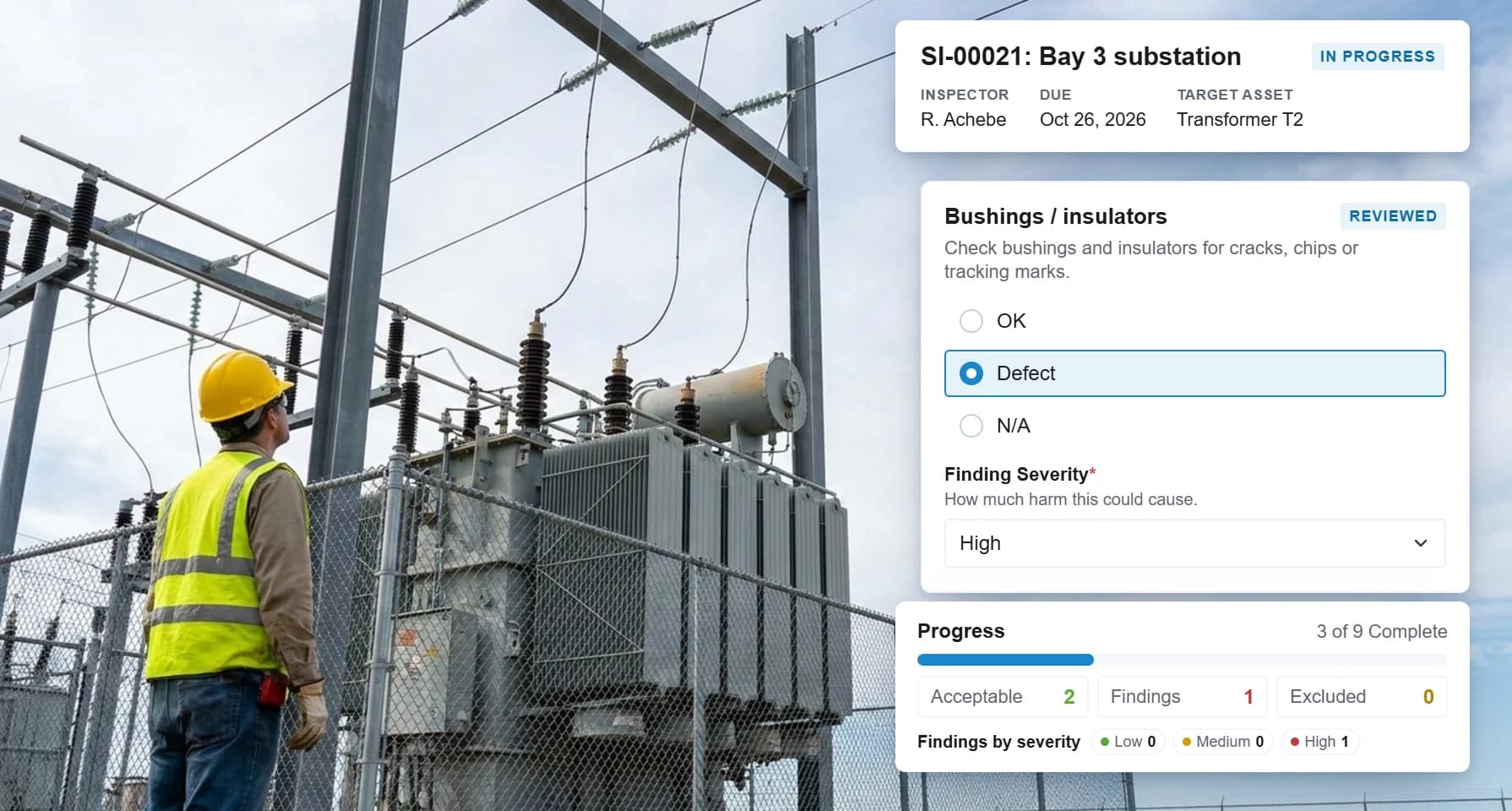 A substation inspection in progress in RISE for Transformer T2 in Bay 3, with a bushings and insulators item marked as a high defect and the findings so far, beside a utility worker in a hard hat and hi-vis looking at a substation transformer through the fence