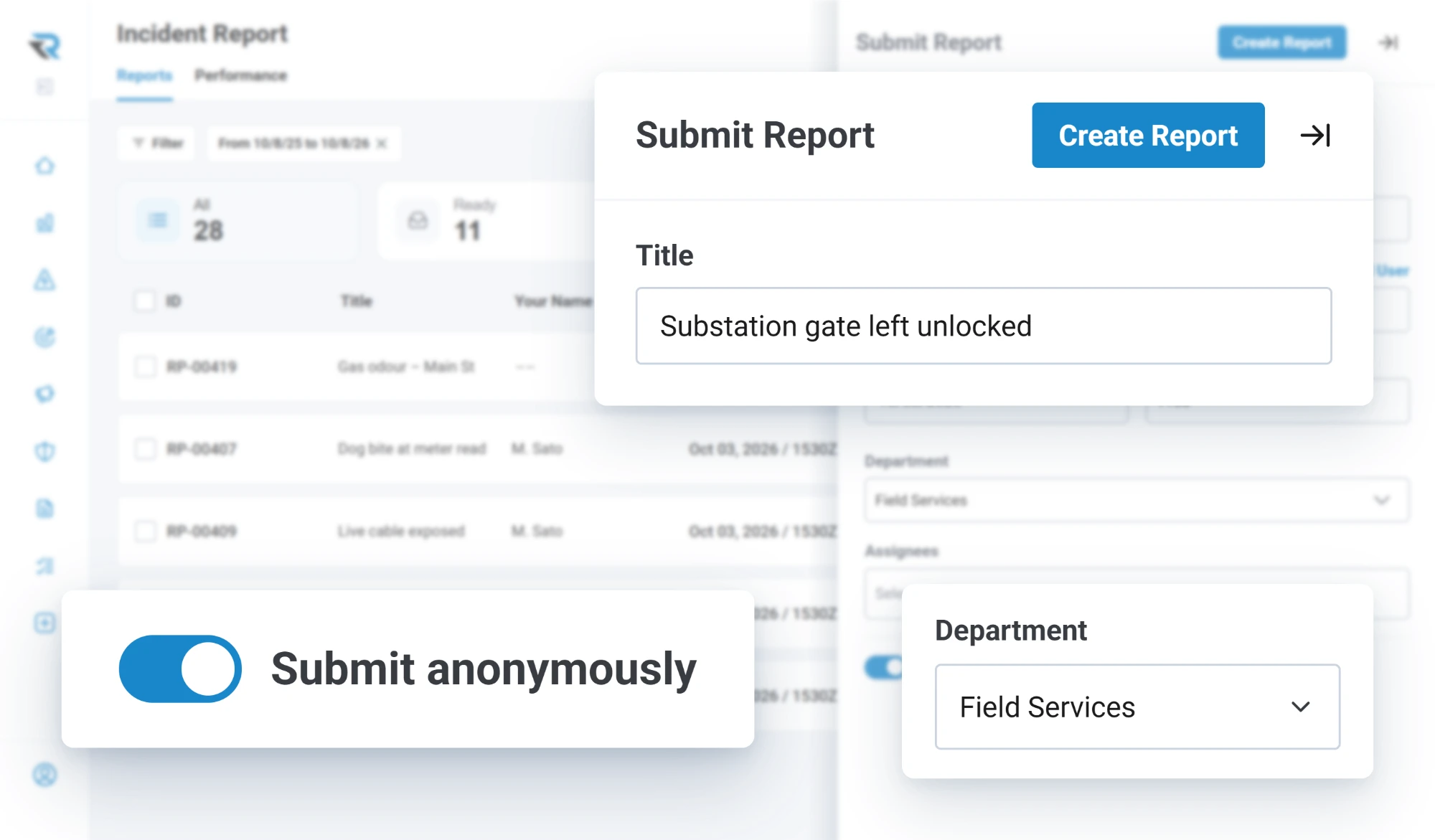 Submitting an incident report titled Substation gate left unlocked from the Field Services department, with the Submit anonymously toggle switched on