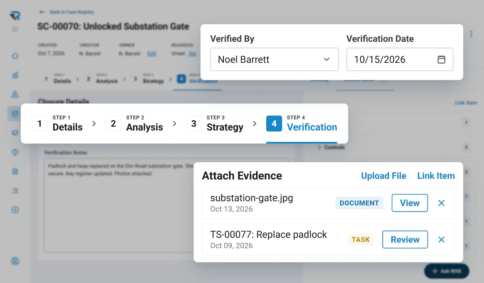 A safety case for an unlocked substation gate at its verification step, with who verified it and when, and evidence attached: a photo of the gate and the task to replace the padlock