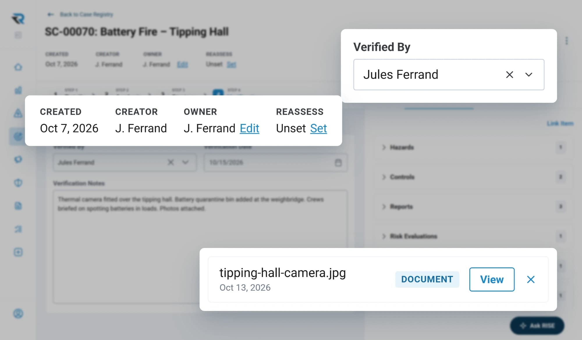 A safety case for a battery fire in a tipping hall, with its creator and owner, who verified it, and a photo of the new thermal camera attached as evidence