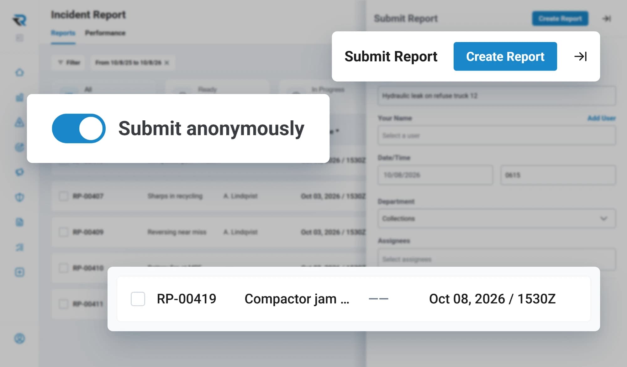 Submitting an incident report with the Submit anonymously toggle switched on, and a compactor jam report in the list submitted without a name