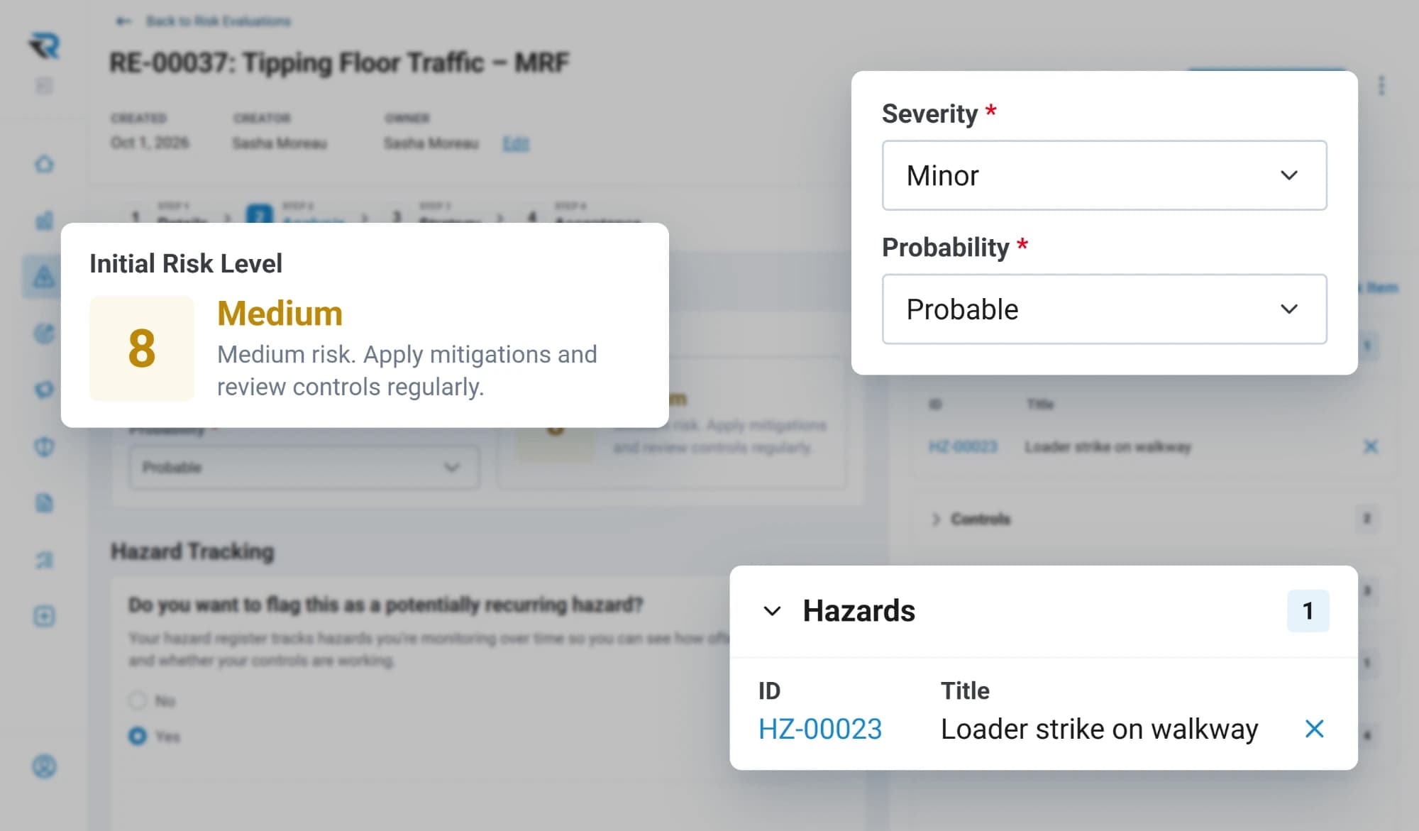 A tipping floor traffic risk evaluation at a recycling facility: severity and probability give an initial risk level of Medium 8, with the linked hazard of a loader strike on a walkway