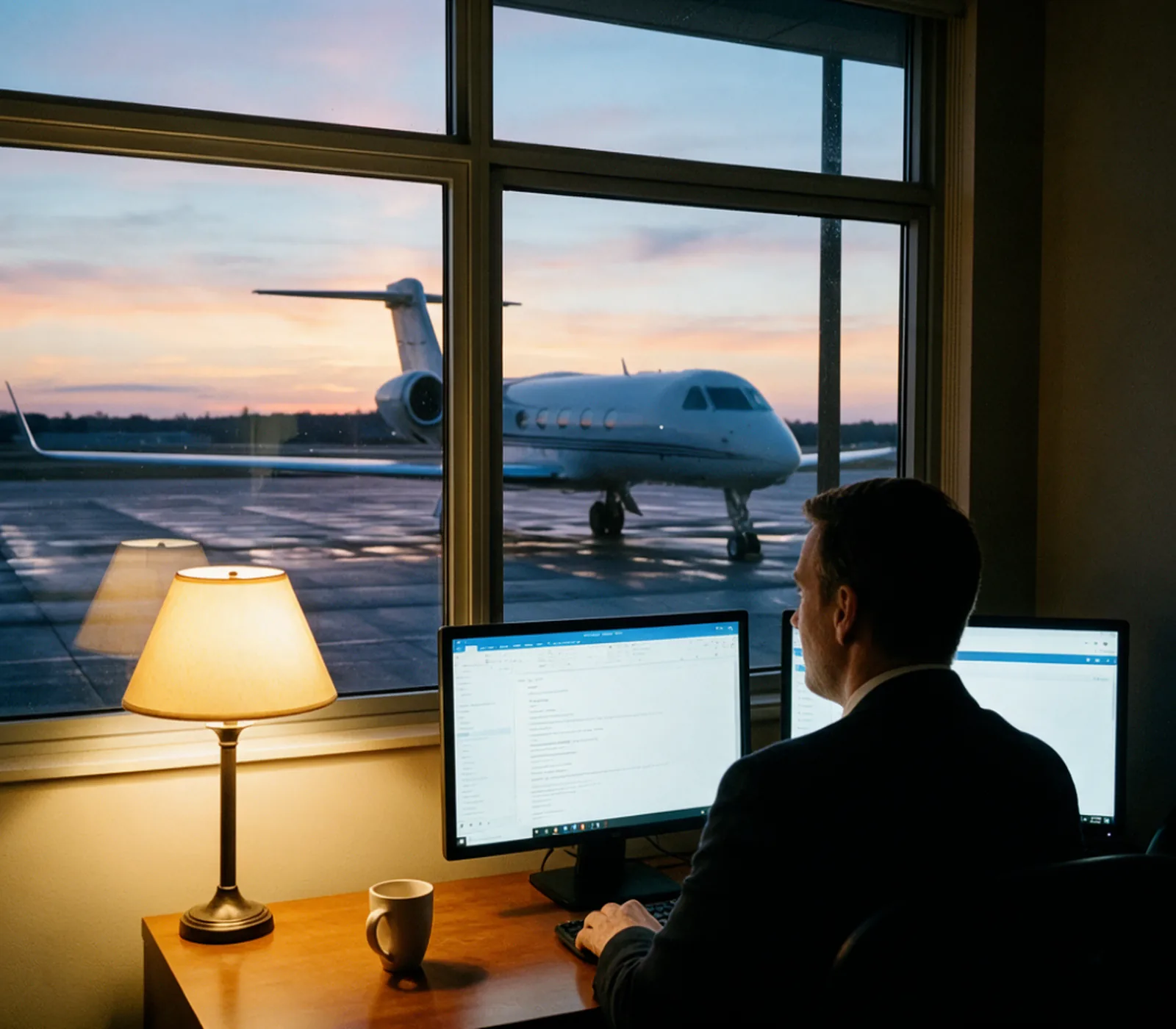 A dispatcher at a desk in a flight department office at dawn, a lit desk lamp beside them, a corporate jet on the ramp through the window behind