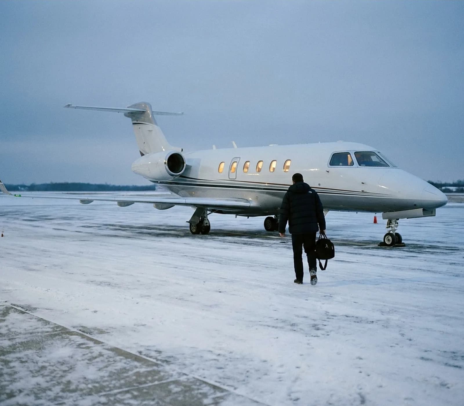 A light business jet on a snow-dusted ramp at dusk under low cloud, cabin lights on, a crew member in a winter jacket walking toward it with a flight bag