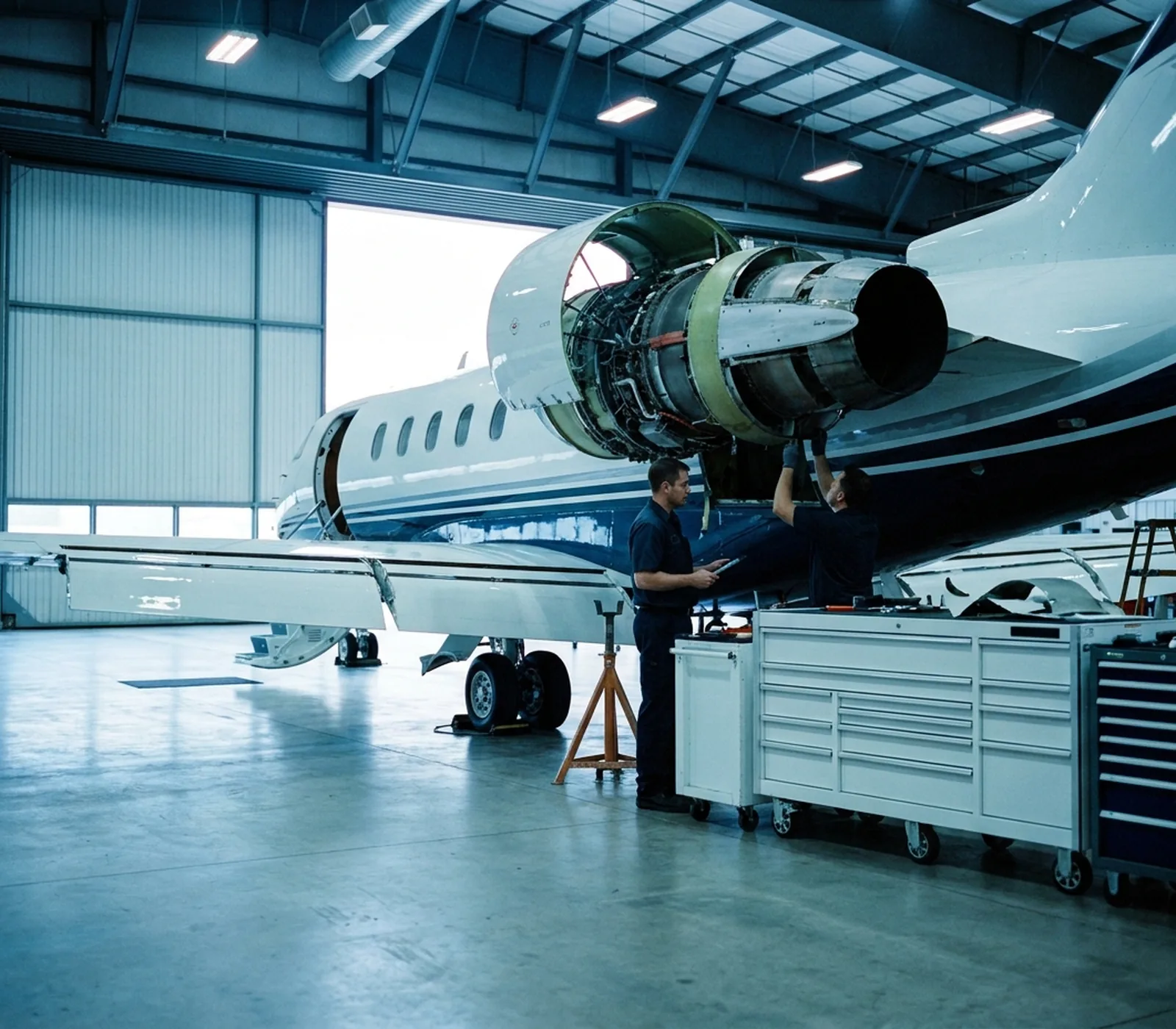 Two technicians working at the open engine cowling of a business jet in a maintenance hangar, one holding a tablet, daylight coming through the hangar door behind them