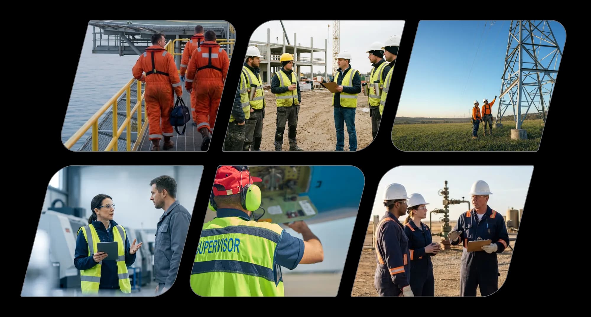 Crews across six industries: an offshore crew in survival suits walking to a helideck, a site briefing on a construction build, two linemen at a transmission tower, a supervisor with a tablet on a factory floor, a ramp supervisor in ear defenders and an oil and gas crew at a wellhead