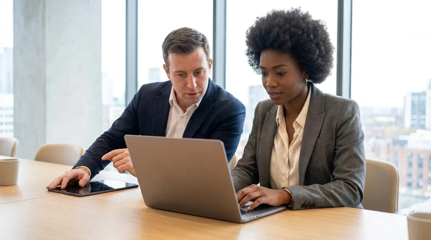 A consultant and a client working through a laptop together at a meeting room table, a tablet beside them