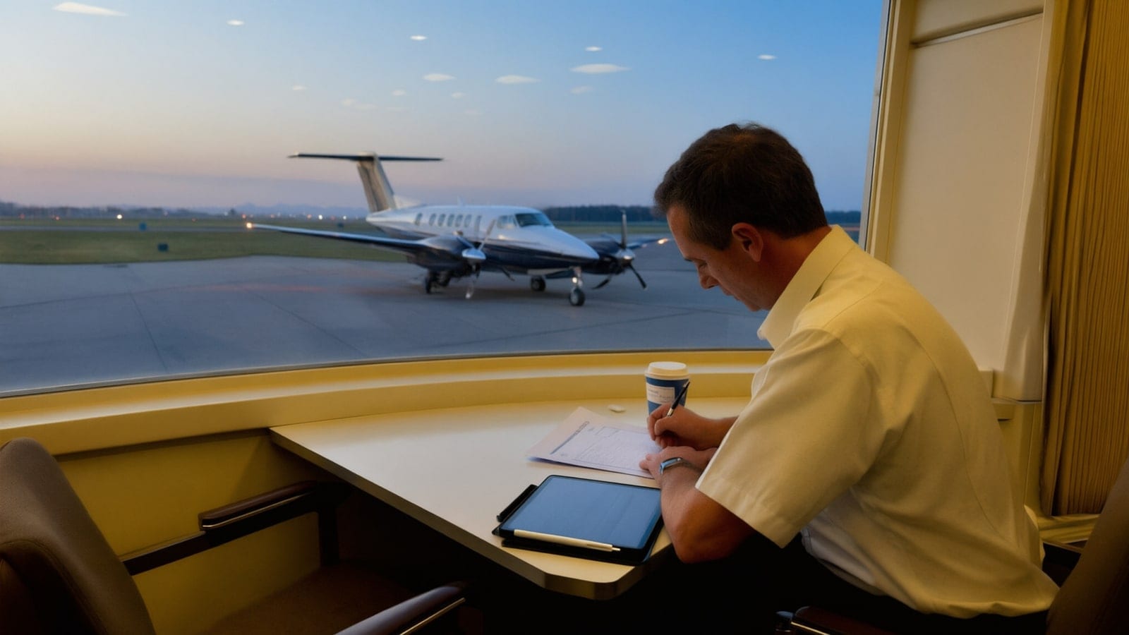A pilot fills out a paper flight risk assessment at a window desk, a turboprop parked on the ramp outside.