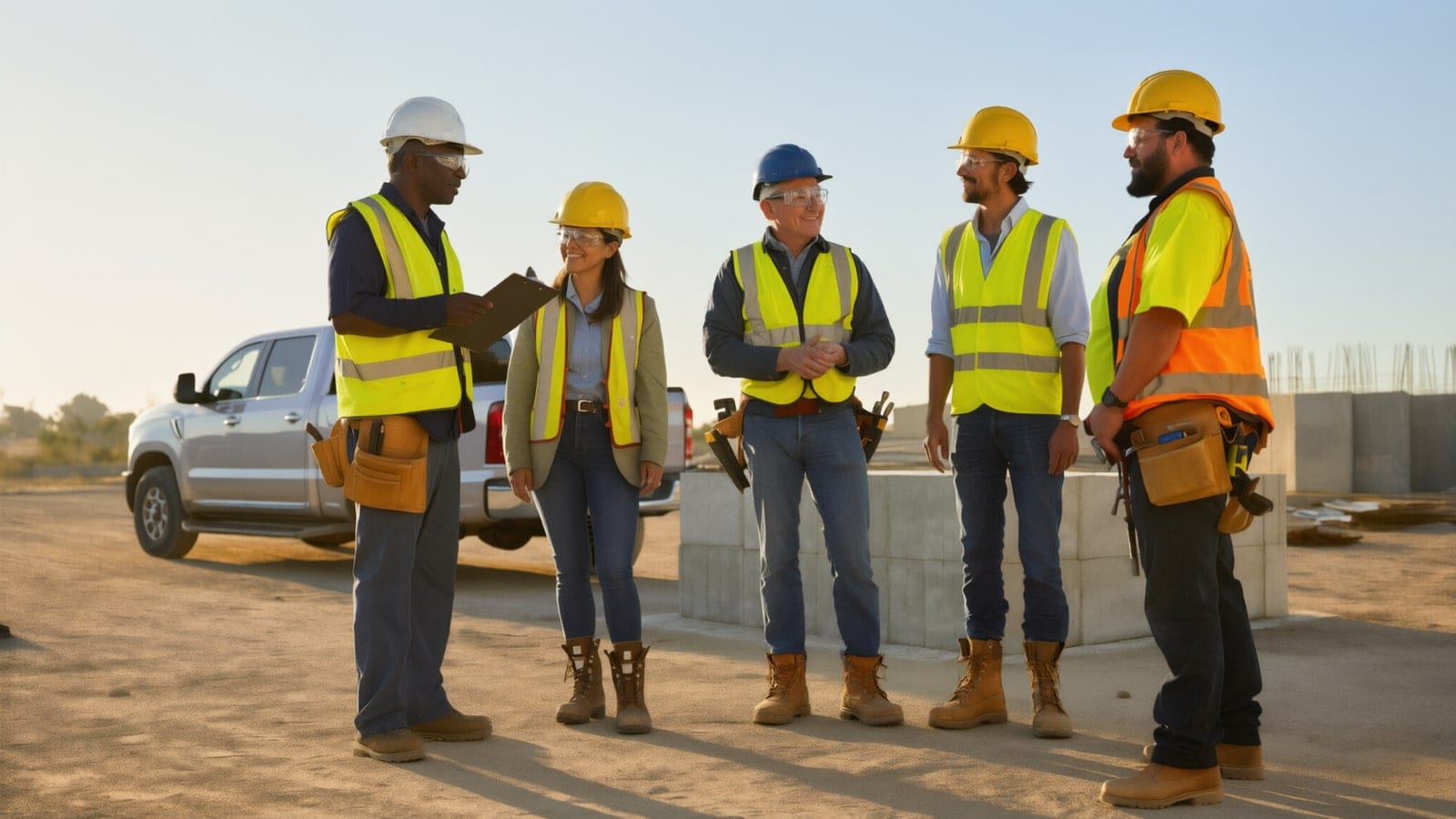 Five construction workers in hard hats and vests gather around a foreman for a morning toolbox talk.