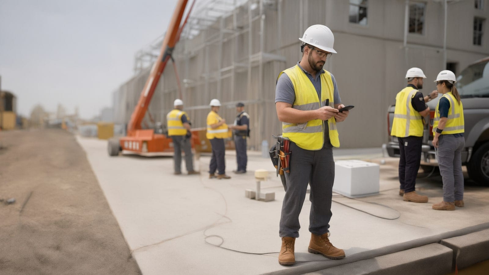 A construction worker in a hard hat and safety vest checks a phone on a job site while other crew members talk nearby.